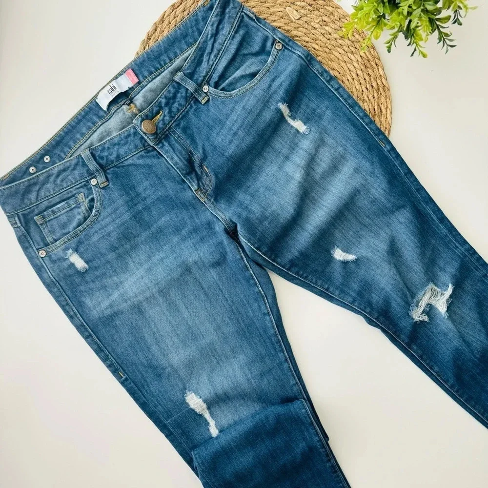 CAbi Jeans Slim Boyfriend Distressed Stretch Whiskering‎ Dark Wash Blue Size 8